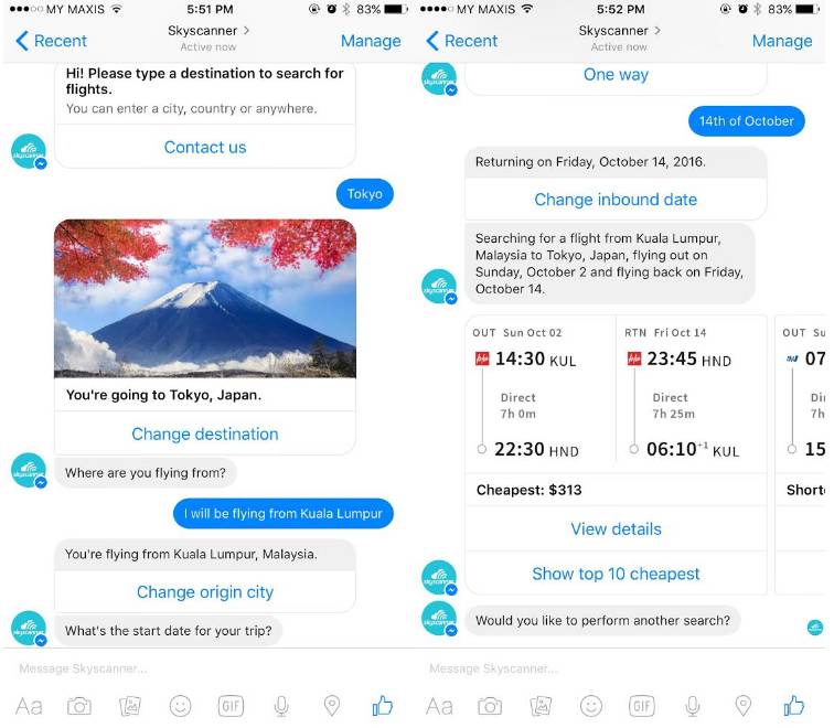 Skyscanner Chatbot in Facebook Messenger